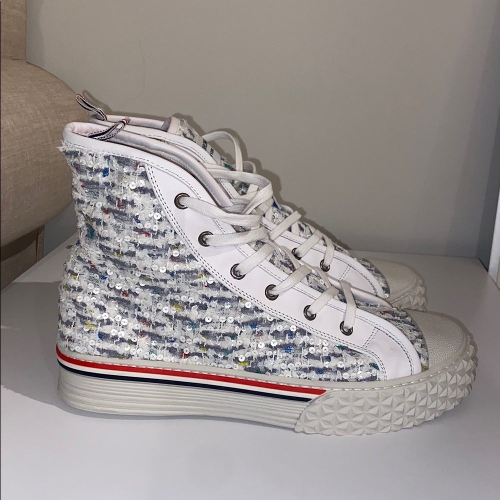 Thom Browne Tweed White &Gray Blue Textured High-Top sneaker rubber sole leather